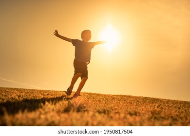 Happy Little Boy Outdoors Smiling Playing Running And Spinning With Arms In The Air Feeling Free In The Sunshine. Happy Childhood Concept. 