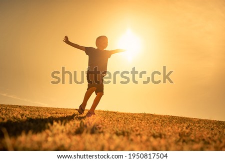 Happy little boy outdoors smiling playing running and spinning with arms in the air feeling free in the sunshine. Happy childhood concept. 