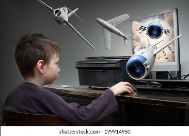 Happy Little Boy Playing Online Pc Game. Virtual Reality Concept.