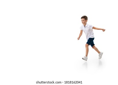 Happy Little Boy Running On White Background, Happiness