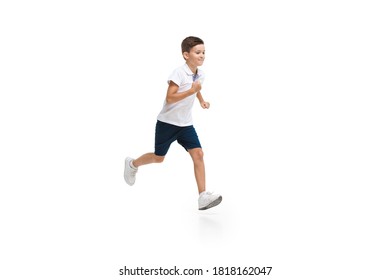 Happy Little Boy Running On White Background, Happiness