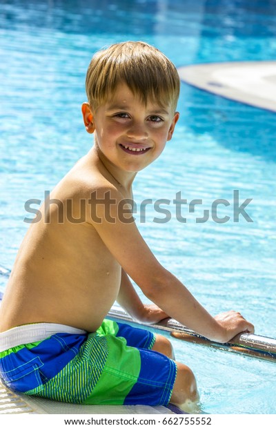 Happy Little Boy Sitting Near Swimming Stock Photo 662755552 | Shutterstock