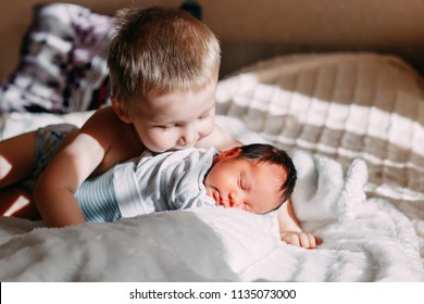 Happy Little Brother With Newborn Baby Lying In A Bed Together, Kissing And Hugging. Siblings. New Born Baby And Three Years Old Brother Together. Love. Family.