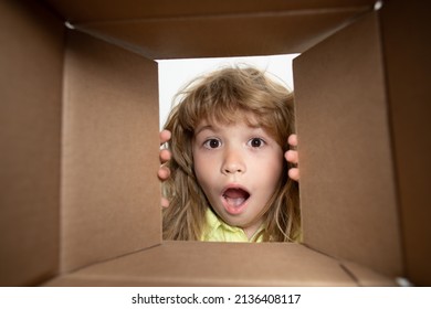 Happy Little Child Boy Is Opening Gift And Looking Inside Cardboard Box. Parcels, Delivery Service.