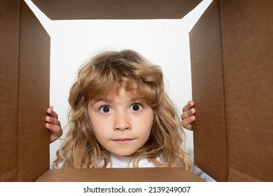 Happy Little Child Boy Is Opening Gift And Looking Inside Cardboard Box. Parcels And Delivery.