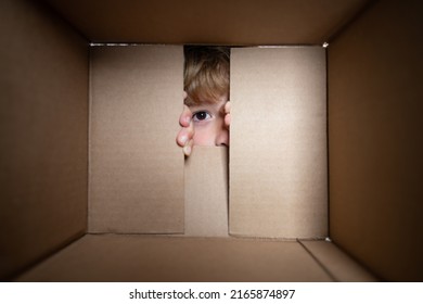 Happy Little Child Boy Is Opening Gift And Looking Inside Cardboard Box. Close Up Eyes Looking.