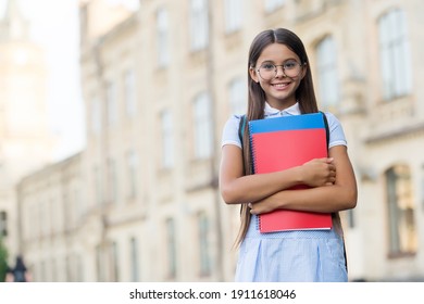 Happy little child wear glasses and school dress holding study books outdoors, education, copy space. - Shutterstock ID 1911618046
