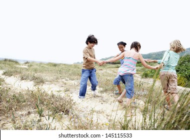 Happy Little Friends Playing Ring Around The Rosy On A Grassy Beach