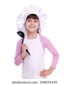 Happy Little Girl Chef Holding The Ladle Spoon