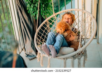 Happy Little Girl, Child Hugging With A Smile Her Pet, Poodle Dog At Home On The Balcony In Spring, Summer In A Cotton-fringed Hammock Chair At Sunset. The Animal Is Like A Member Of The Family.