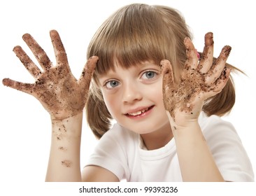 happy little girl with dirty hand - hygiene concept