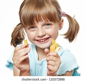 Happy Little Girl Eating A French Fries