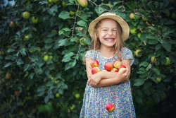 Счастливая маленькая девочка держит яблоки в саду