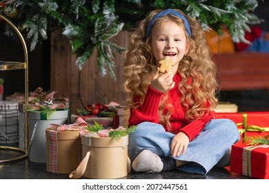 Happy Little Girl With Long Curly Hair In Red Clothes Near Christmas Tree Eating Gingerbread Man. Child For New Year With Christmas Cookies.