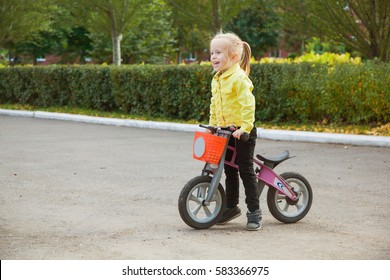 Happy Little Girl Riding Pushbike Outdoors Stock Photo 583366975 