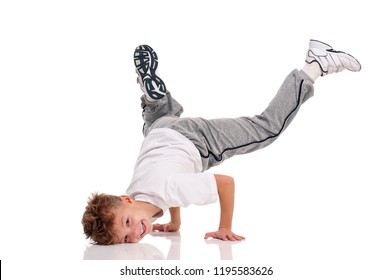 Happy Little Hip Hop Dancer - Boy Dancing Isolated On White Background. Young White B-boy Dancing Break Dance.