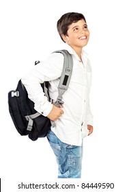 Happy little schoolboy smiling, beautiful preteen boy isolated on white background, kids back to school concept