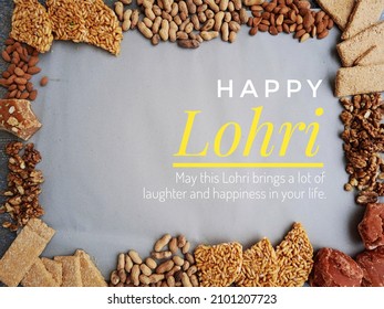 Happy Lohri folk festival poster and template with local dishes at the frame border. Lohri is a traditional folk festival of Punjab remarking the end of winter season celebrated with a bonfire. 