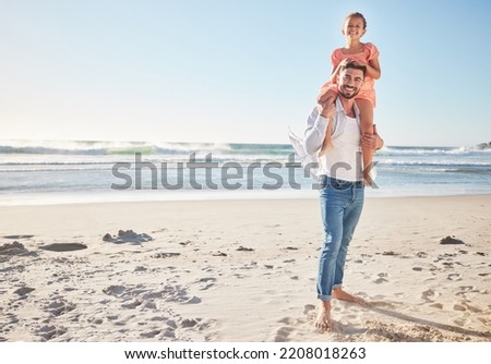 Happy, love and beach with father and girl on Cancun holiday for travel, summer and wellness. Family, smile and freedom with girl on dad shoulder walking on vacation for trust, support and relax