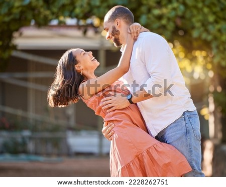 Happy, love and couple dance in nature for romantic summer date together in Cancun sunshine. Happiness, smile and care of man dancing with beautiful partner for outdoor fun and romance.