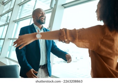 Happy, love and couple hugging in the airport for reunion with care, happiness and excitement. Travel, greeting and loving young African man and woman embracing with intimacy in a terminal lounge. - Powered by Shutterstock