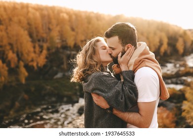 Happy In Love Romantic Young Cheerful Couple Man And Woman Married Travel Hiking Walk Together Among The Autumn Forest And Mountains Looking For Adventure Enjoy The Local Nature, Selective Focus