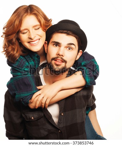 Similar – Image, Stock Photo Studio portrait of a young couple hugging