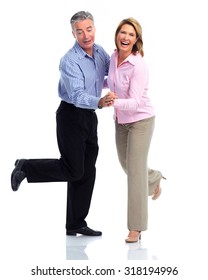 Happy Loving Elderly Couple Dancing Isolated White Background.