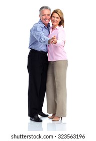 Happy Loving Elderly Couple Dancing Isolated White Background.