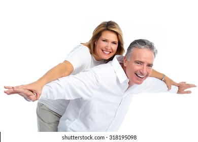 Happy Loving Elderly Couple Isolated White Background.