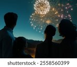 Happy loving family watching fireworks.