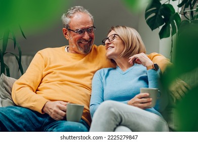 Happy loving mature husband and wife sitting and hugging on comfortable sofa in living room while enjoying tea and talking. Senior couple relaxing on couch at home and drinking coffee. Romance concept - Shutterstock ID 2225279847