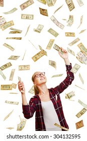 Happy Lucky Woman Catching Raining Dollar Money Bills