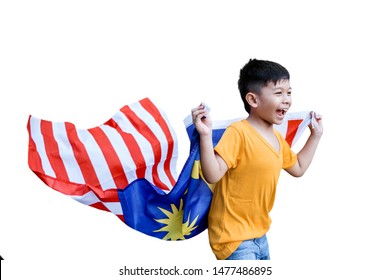 Happy Malaysian Kid Run Around The House Carrying Malaysia Flag