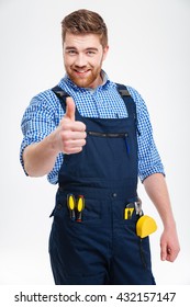 Happy Male Builder Showing Thumb Up Isolated On A White Background