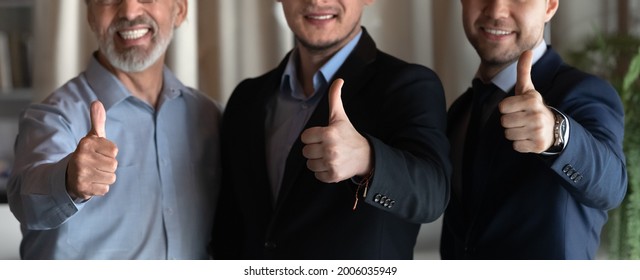 Happy male business professionals, employees, executives, leaders showing thumbs up recommending sign, making like gestures, giving positive feed back for best quality. Banner, cropped head shot - Powered by Shutterstock