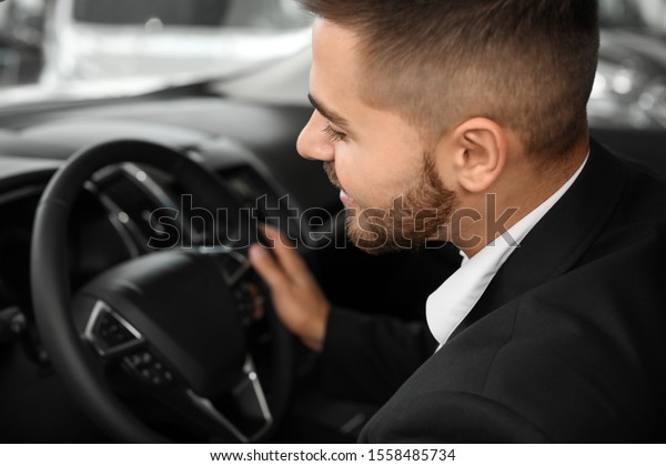 Happy male buyer sitting in\
new car
