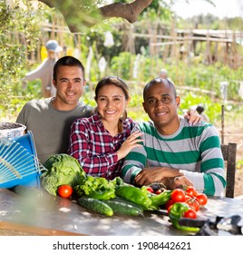 Happy male and female professional gardeners after harvesting of vegetables in garden outdoor