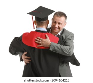 Happy Male Graduation Student With His Father On White Background