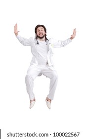 Happy Male Nurse Or Doctor Full Of Happiness Jumping