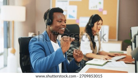 Happy man, agent or computer with headset in office for online advice or virtual assistance. Businessman, employee or consultant with smile, mic or technology for CRM communication, help or support
