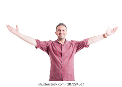 Happy man with arms wide open, outstretched or outspread