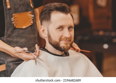 Happy Man In Barber Chair, Hairdresser Styling Hair. Concept Barbershop Banner, Vintage Color.