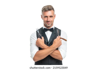 happy man barber with razor blade and scissors in bow tie isolated on white background