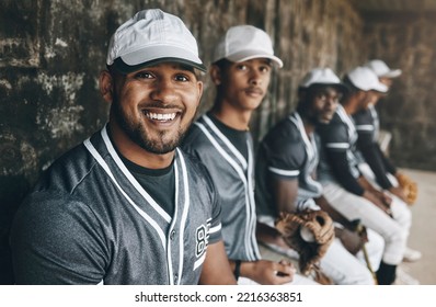 Happy Man, Baseball Player And Team Sports Portrait, Motivation And Confidence For Competition Game. Smile Professional Athlete Waiting On Bench With Group For Performance, Outdoor Match And Training