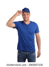 Happy Man In Blue Cap And Tshirt On White Background. Mockup For Design