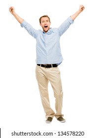 Happy Man Celebrating Arms Up Success Background