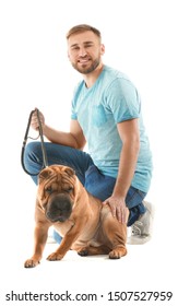 Happy Man With Cute Dog On White Background