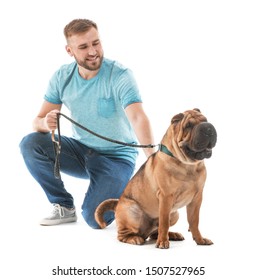 Happy Man With Cute Dog On White Background