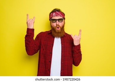 Happy Man Dances With Beard And Bandana In Head